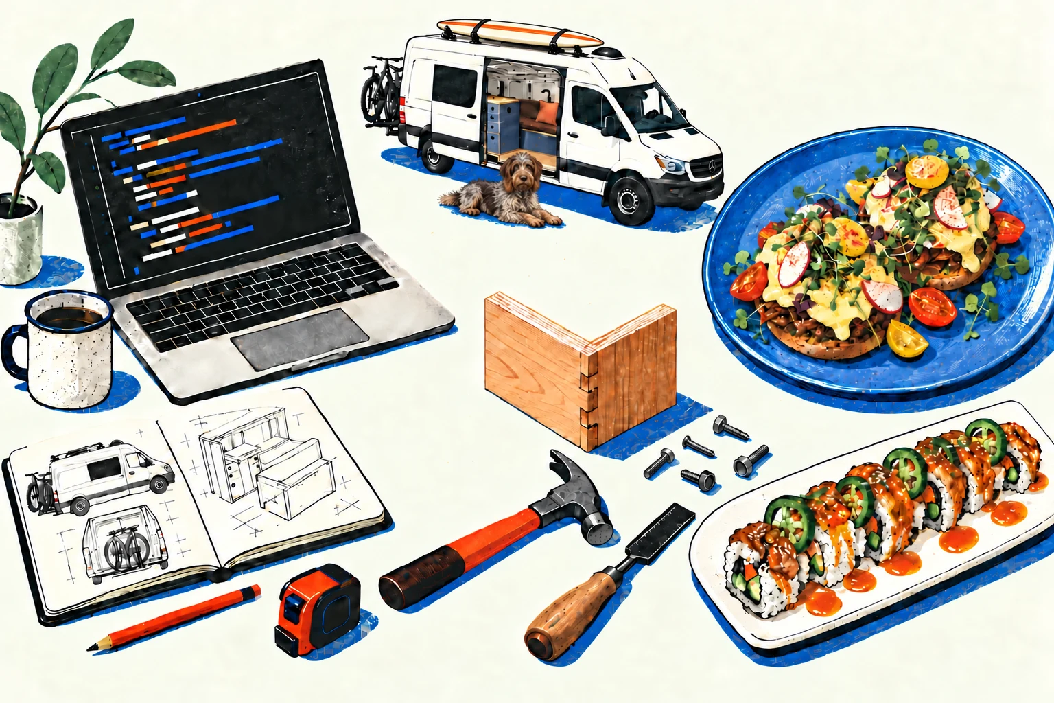 Illustrated workbench with code, coffee, food, a clean wood joint and hardware, and Anthony’s white van with a surfboard strapped to its roof and Reggie, his shaggy brown-and-grey dog, lying at the entrance